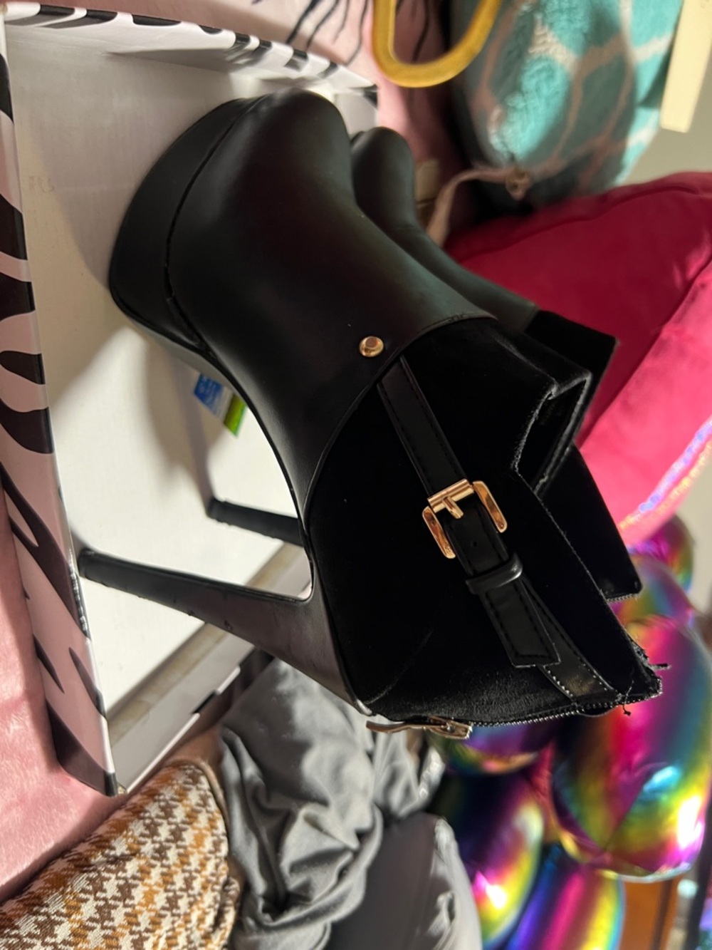Hot Tomato Black High Heel Ankle Boots with Gold Buckle Accent